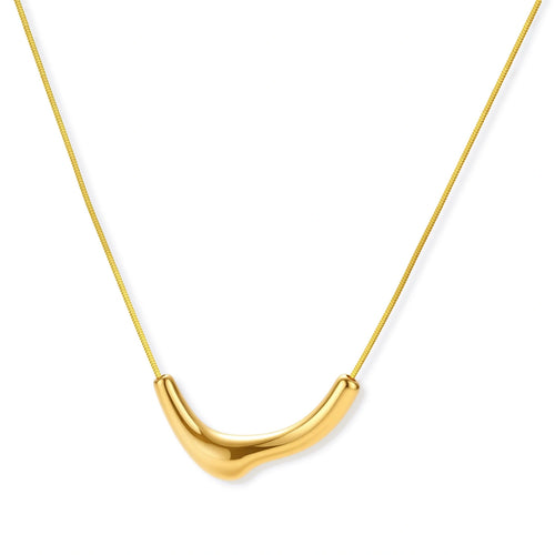 Minimalist gold-plated curved pendant necklace on delicate chain against cream background, showing adjustable length