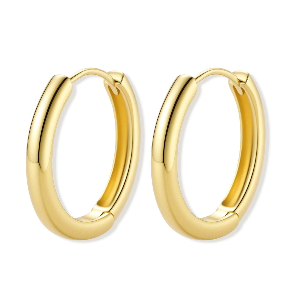 Polished gold-plated sterling silver hoop earrings with hinged closure mechanism on white background.