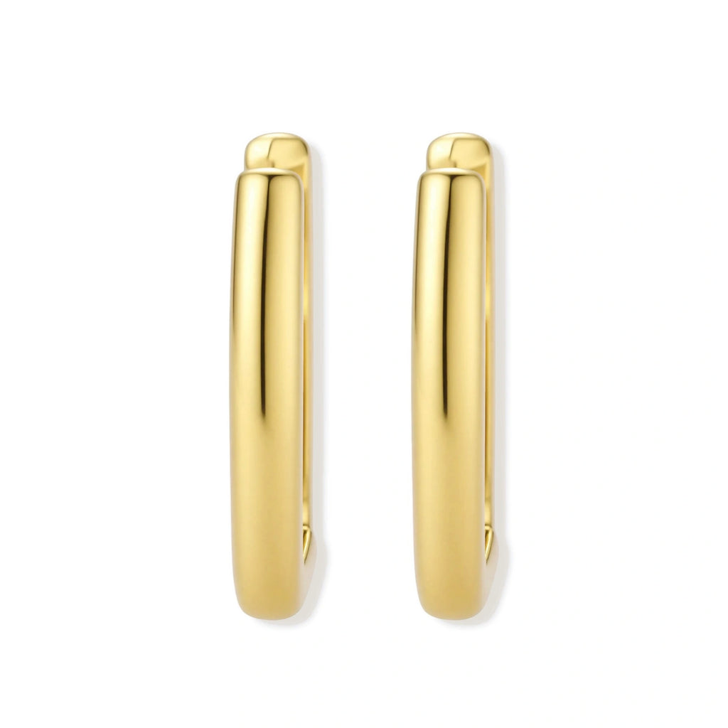 Polished gold-plated sterling silver hoop earrings with hinged closure mechanism on white background.