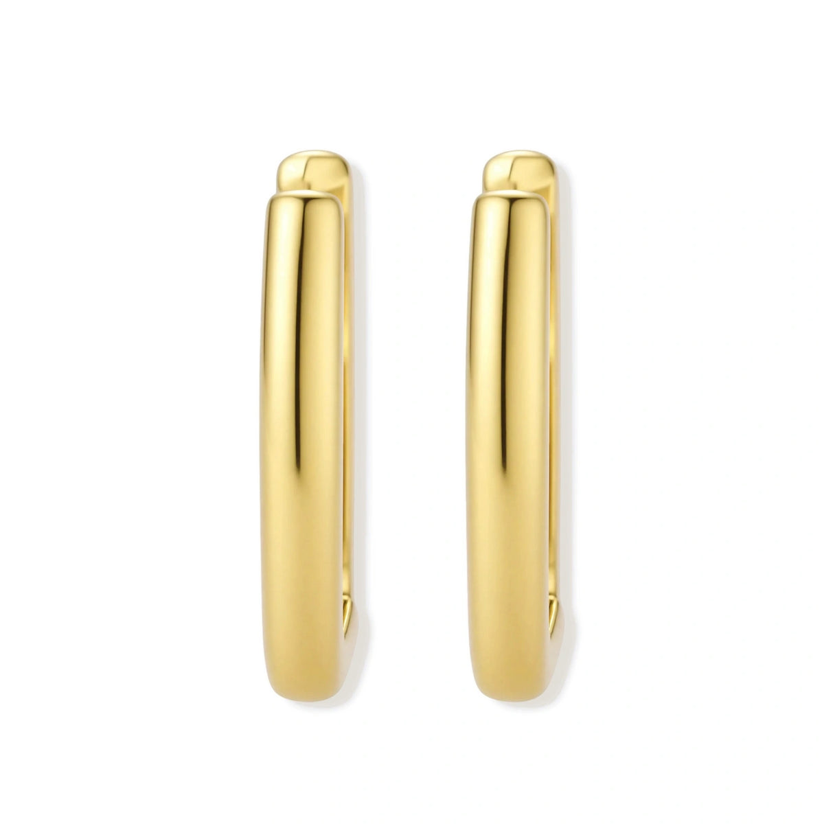 Polished gold-plated sterling silver hoop earrings with hinged closure mechanism on white background.