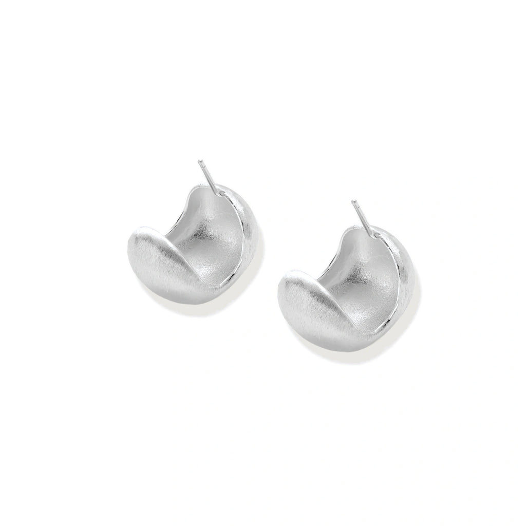 Brushed sterling silver cushion-shaped stud earrings with matte finish on white background