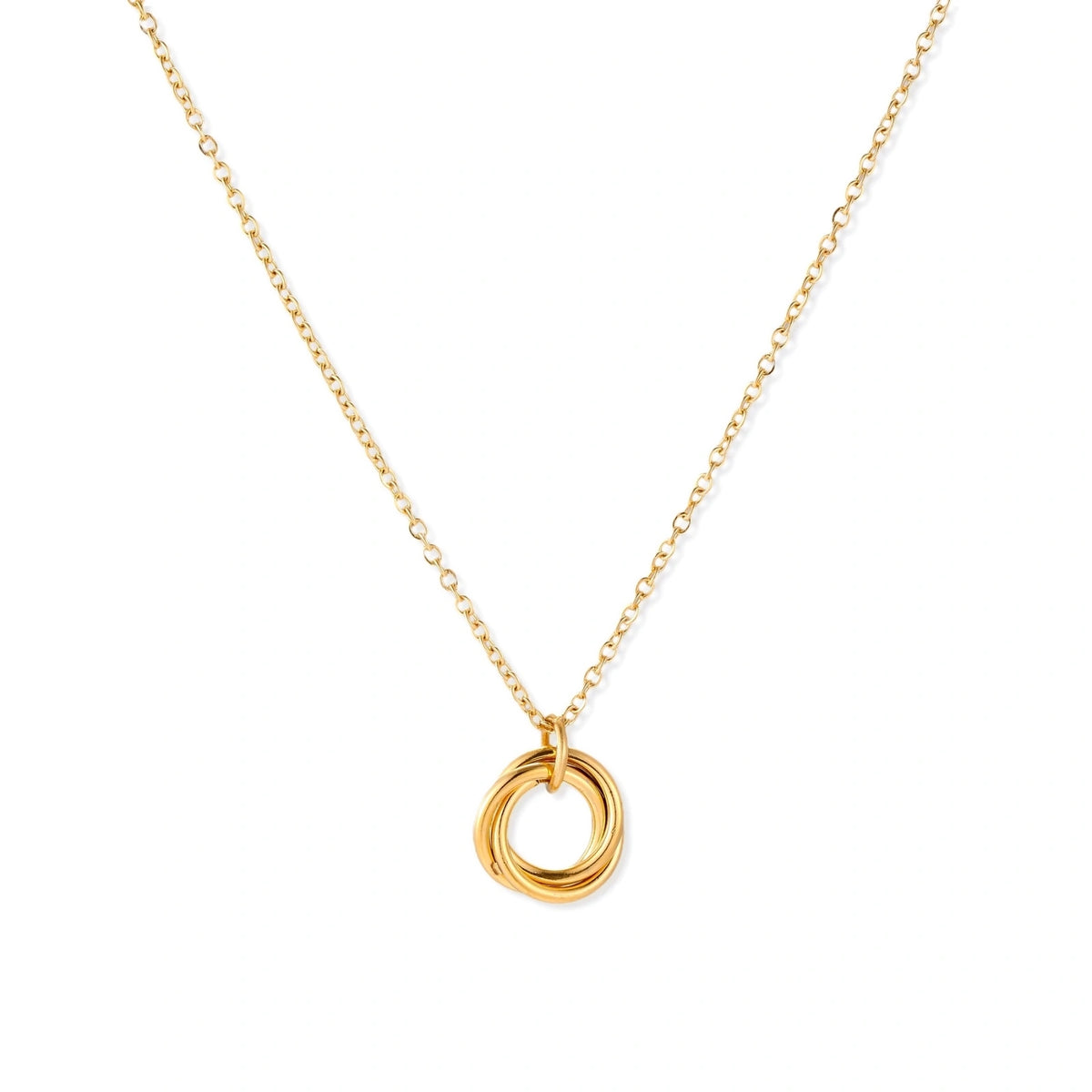 Delicate gold-plated necklace with three interlocking circle rings forming a minimalist knot pendant on cream background