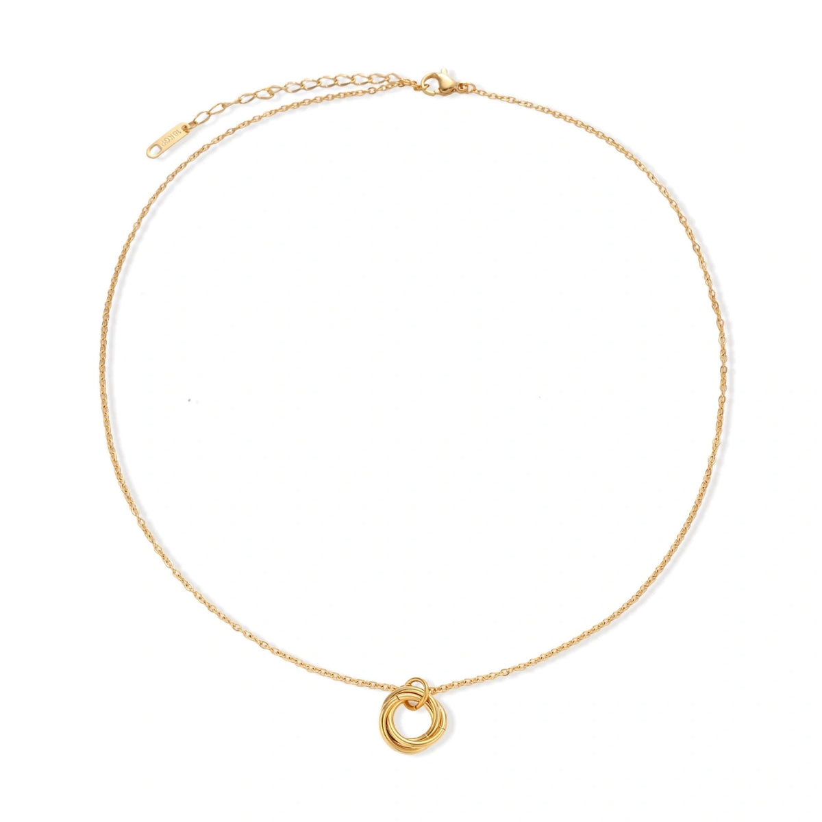 Delicate gold-plated necklace with three interlocking circle rings forming a minimalist knot pendant on cream background