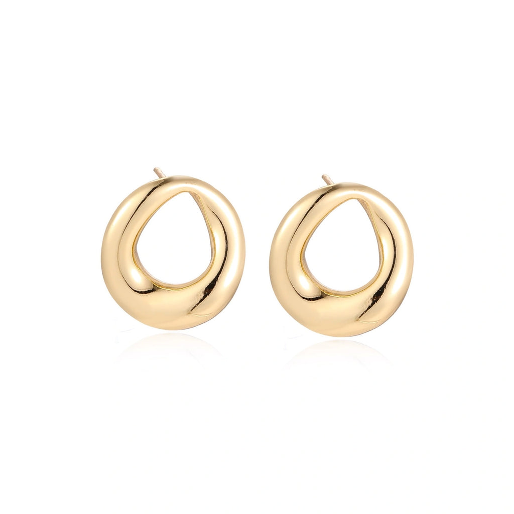 Pair of polished 18K gold-plated stainless steel teardrop earrings with hollow centers on cream background