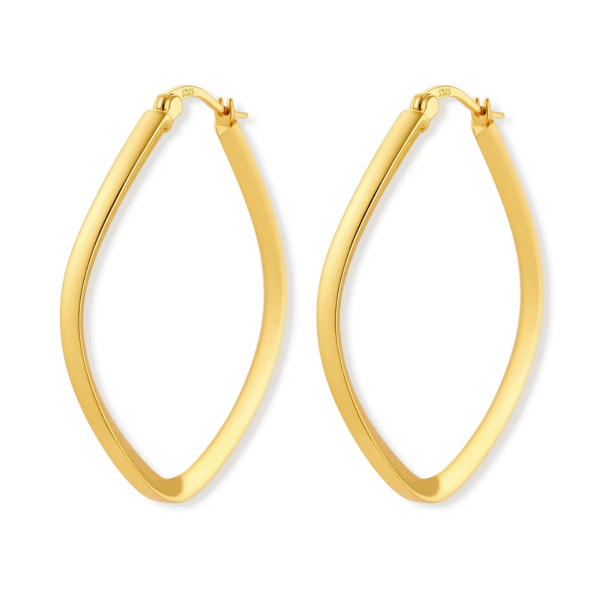 Set of geometric gold-plated sterling silver hoop earrings in oval and cushion shapes on cream background
