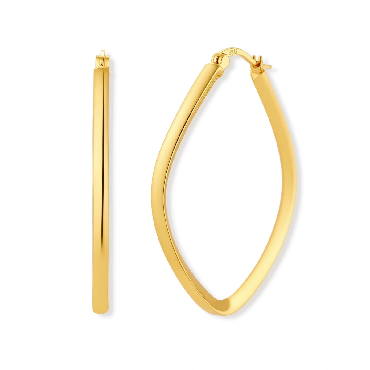Set of geometric gold-plated sterling silver hoop earrings in oval and cushion shapes on cream background