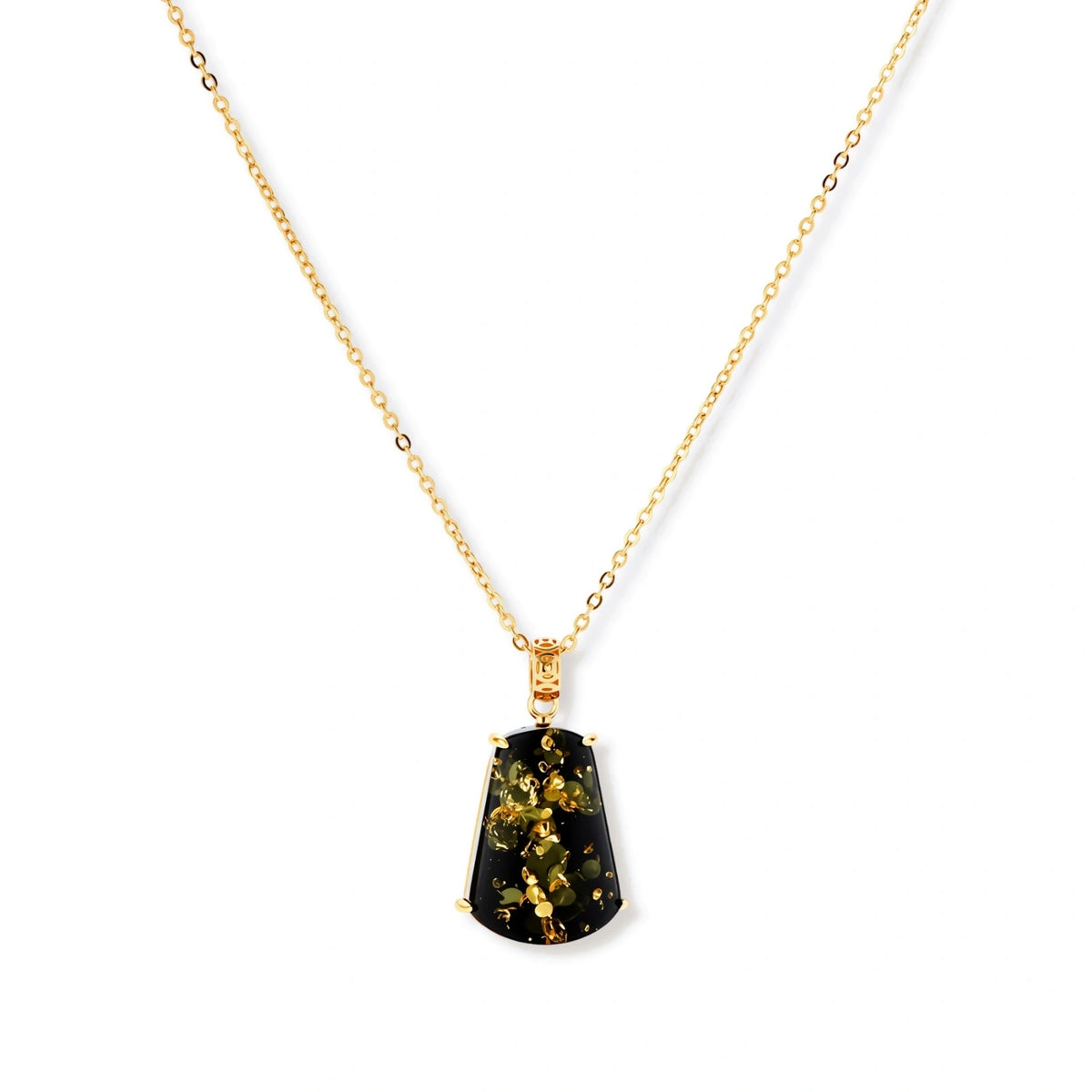 18k gold-plated necklace and earrings with green amber pendants featuring golden inclusions on cream background