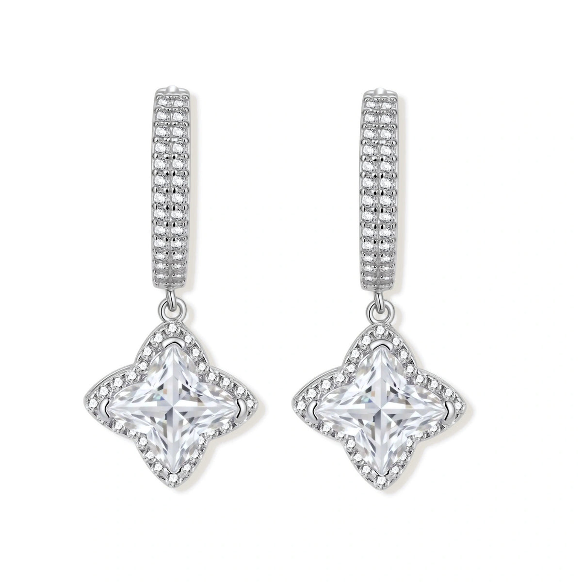 Sterling silver huggie hoops with geometric diamond-shaped moissanite dangles featuring pavé crystal details