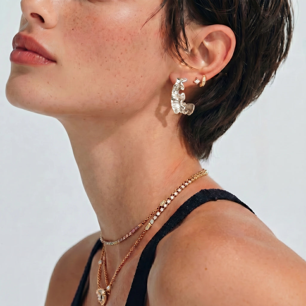 Ripple Wave Hoops | White Gold Plated