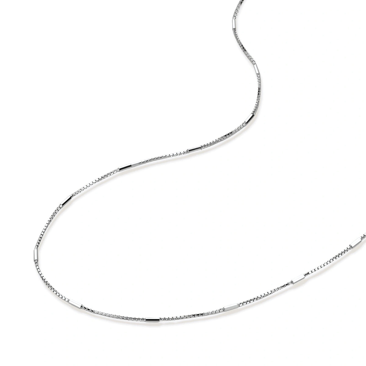 Delicate platinum-plated sterling silver necklace with alternating textured cubic links and smooth chain sections.