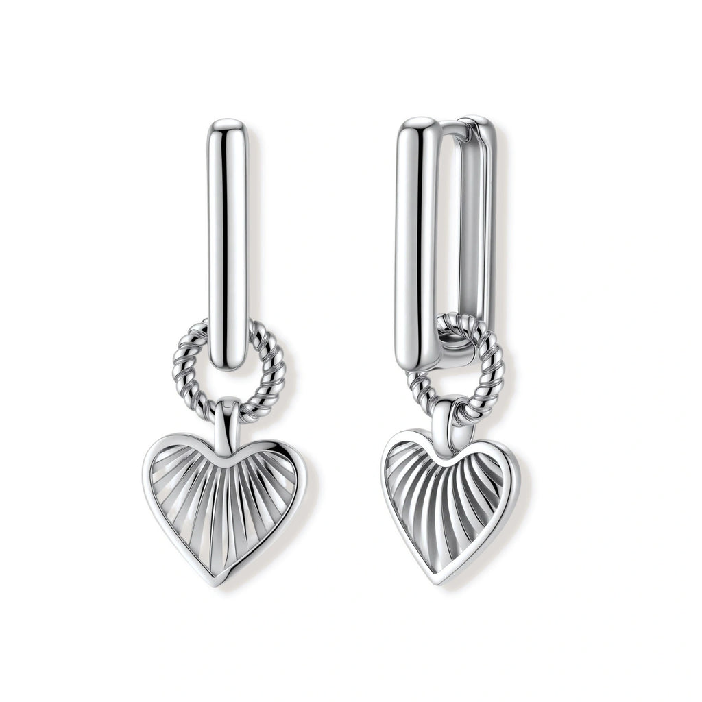 Platinum-plated 925 sterling silver rectangular hoop earrings with twisted ring connector and ribbed heart charm pendant.