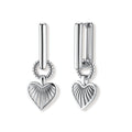 Platinum-plated 925 sterling silver rectangular hoop earrings with twisted ring connector and ribbed heart charm pendant.