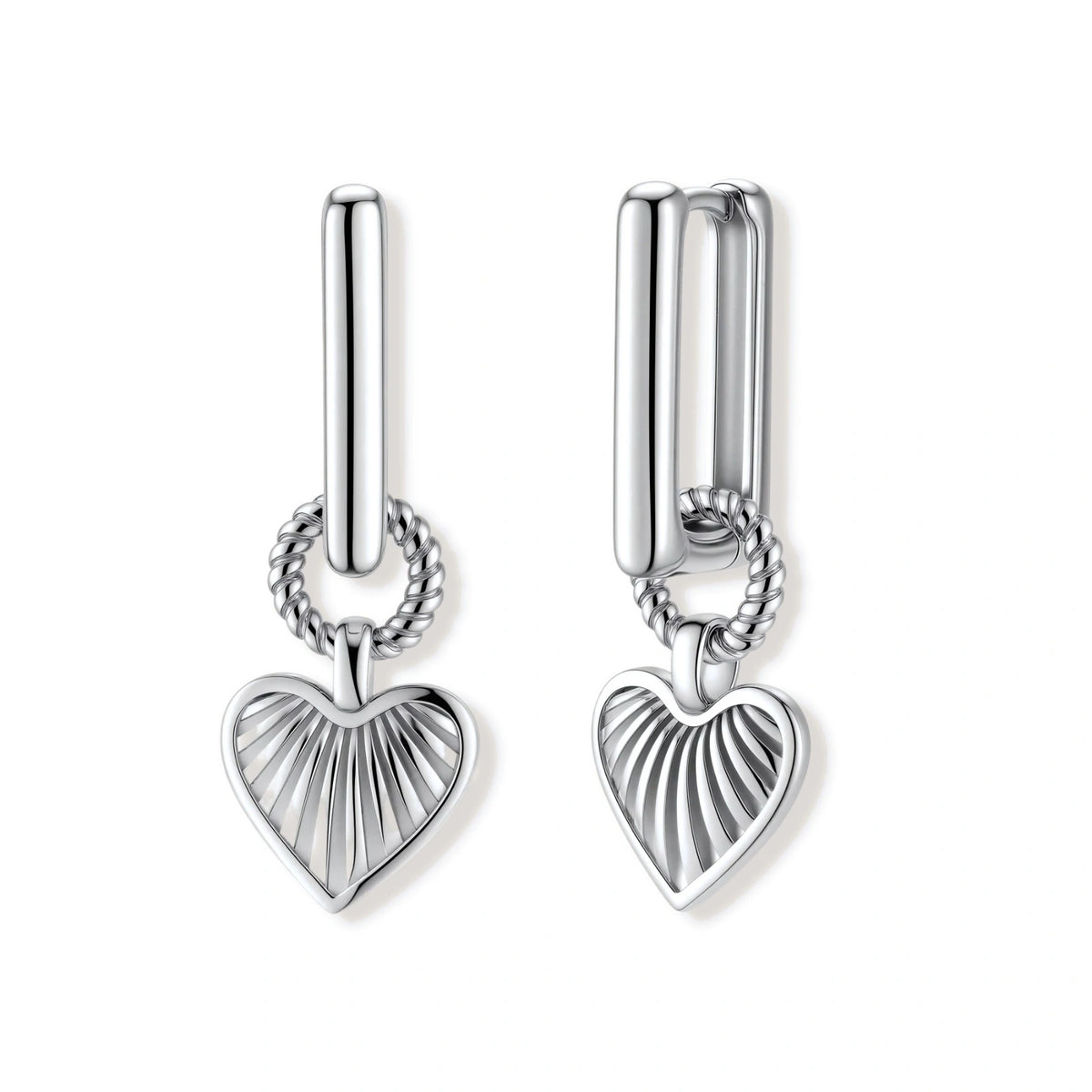 Platinum-plated 925 sterling silver rectangular hoop earrings with twisted ring connector and ribbed heart charm pendant.