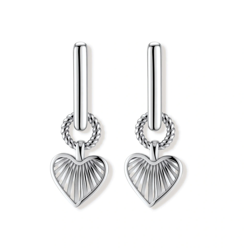 Platinum-plated 925 sterling silver rectangular hoop earrings with twisted ring connector and ribbed heart charm pendant.