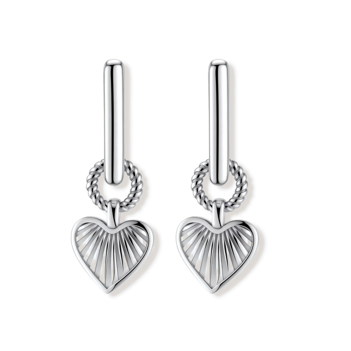 Platinum-plated 925 sterling silver rectangular hoop earrings with twisted ring connector and ribbed heart charm pendant.