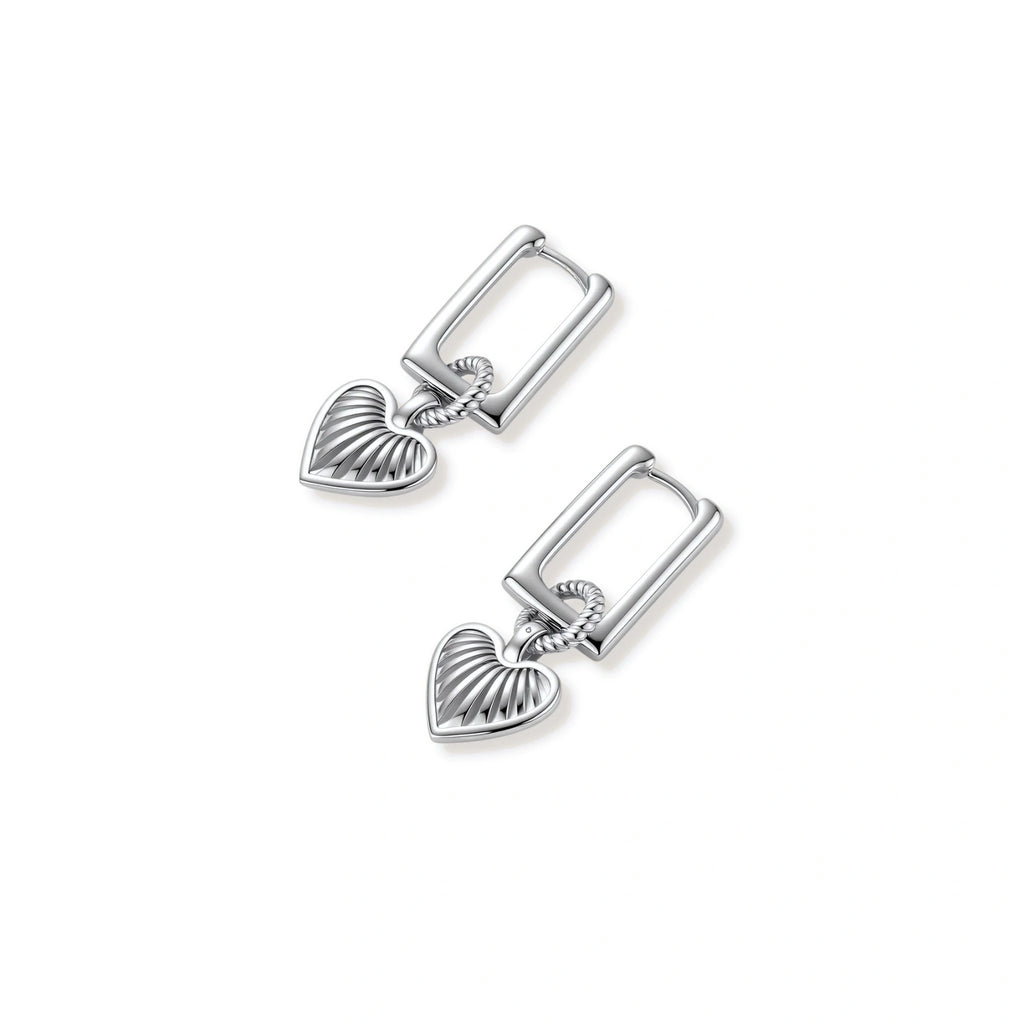 Platinum-plated 925 sterling silver rectangular hoop earrings with twisted ring connector and ribbed heart charm pendant.