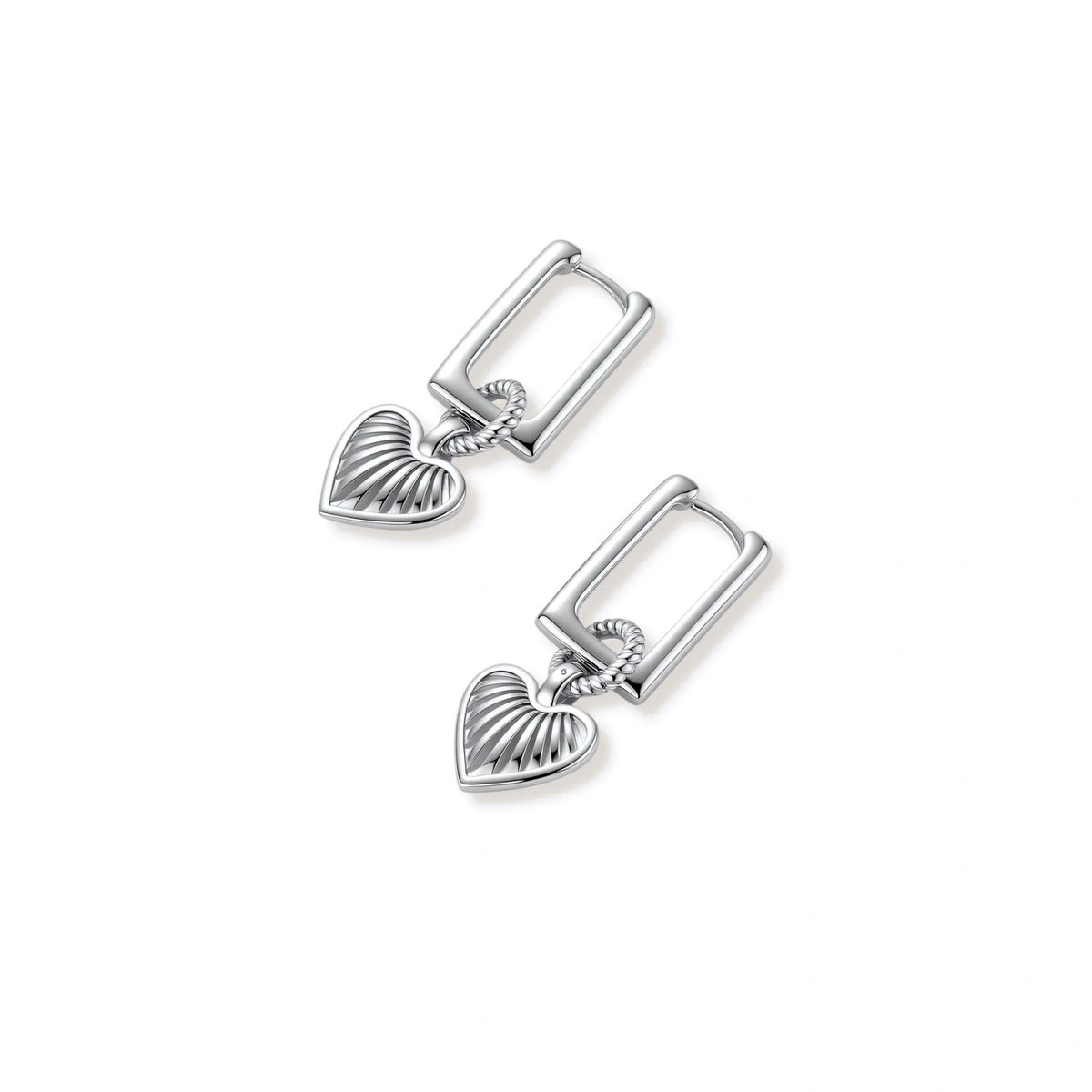 Platinum-plated 925 sterling silver rectangular hoop earrings with twisted ring connector and ribbed heart charm pendant.