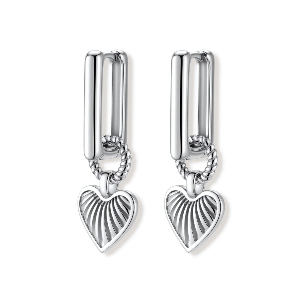 Platinum-plated 925 sterling silver rectangular hoop earrings with twisted ring connector and ribbed heart charm pendant.