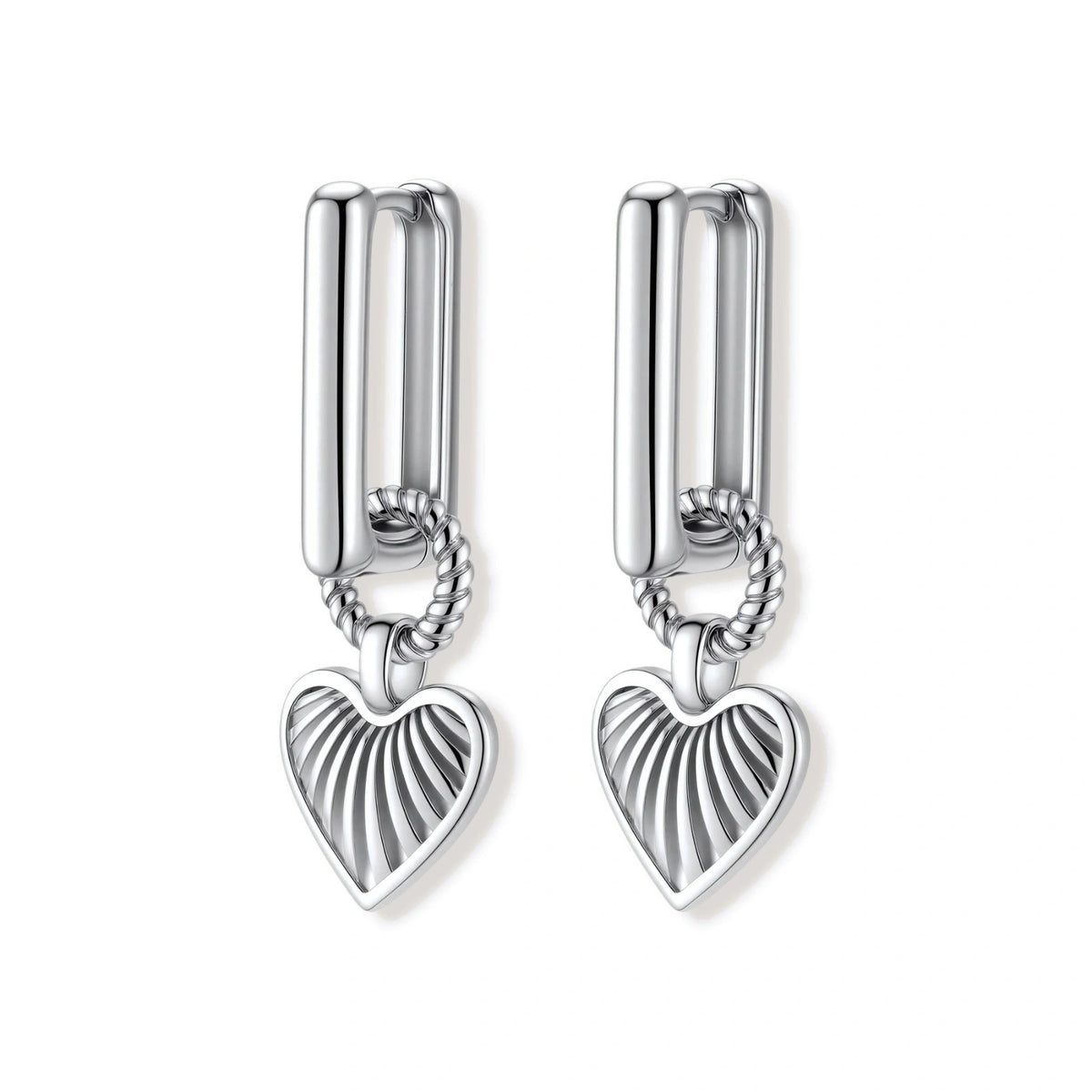 Platinum-plated 925 sterling silver rectangular hoop earrings with twisted ring connector and ribbed heart charm pendant.