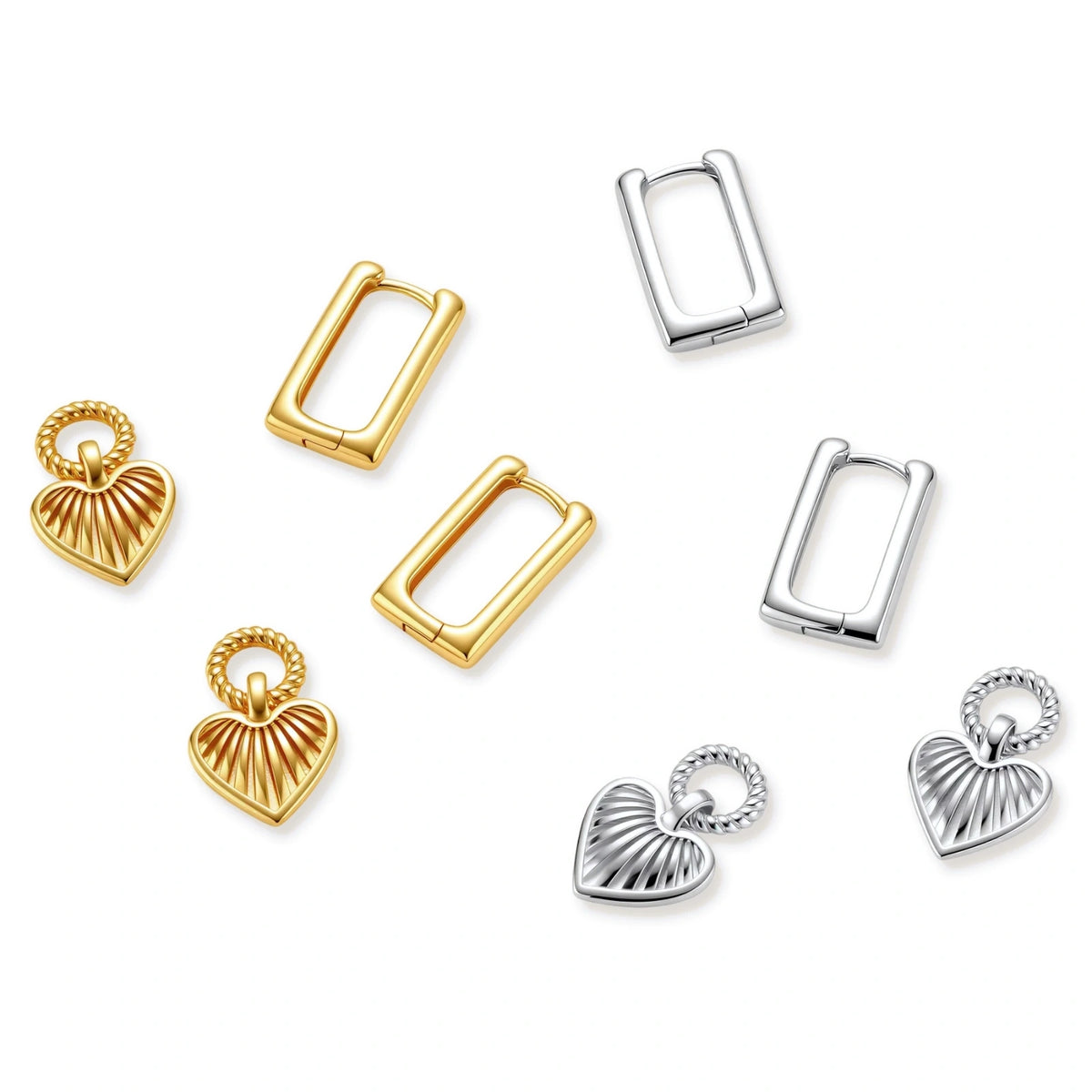 Platinum-plated 925 sterling silver rectangular hoop earrings with twisted ring connector and ribbed heart charm pendant.