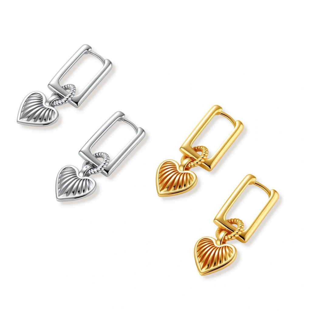 Platinum-plated 925 sterling silver rectangular hoop earrings with twisted ring connector and ribbed heart charm pendant.