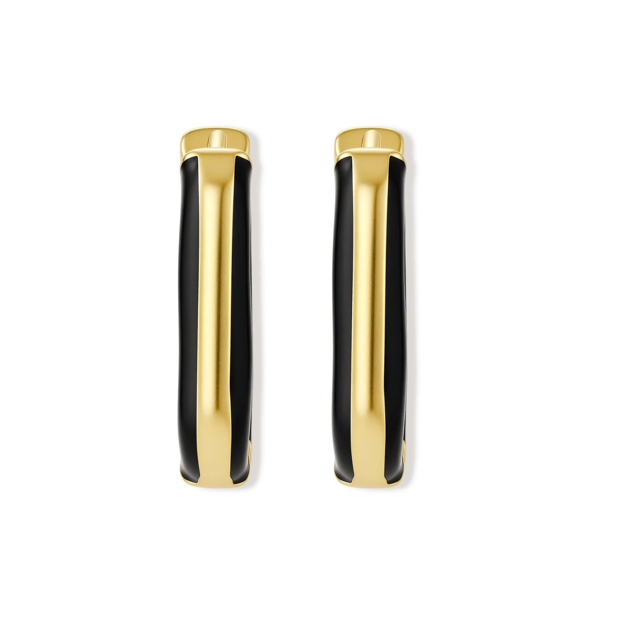Modern hoop earrings with gold-plated and black sections, featuring hinged closure on white background.