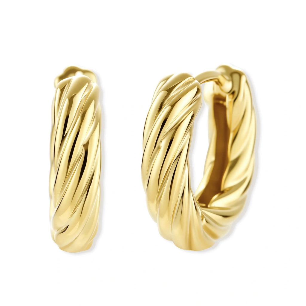 14K gold-plated twisted rope huggie hoop earrings with hinged closure on white background, showing textured surface detail