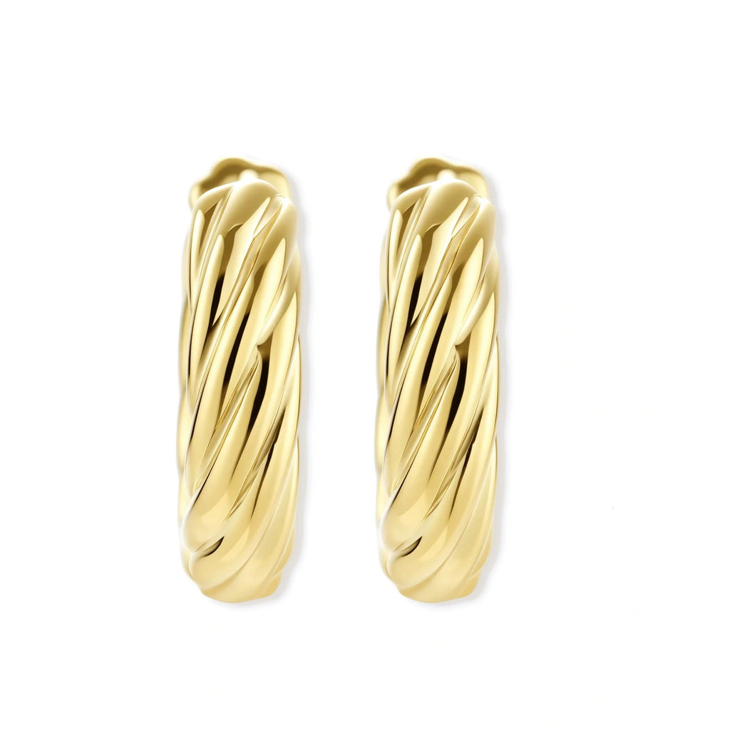 14K gold-plated twisted rope huggie hoop earrings with hinged closure on white background, showing textured surface detail