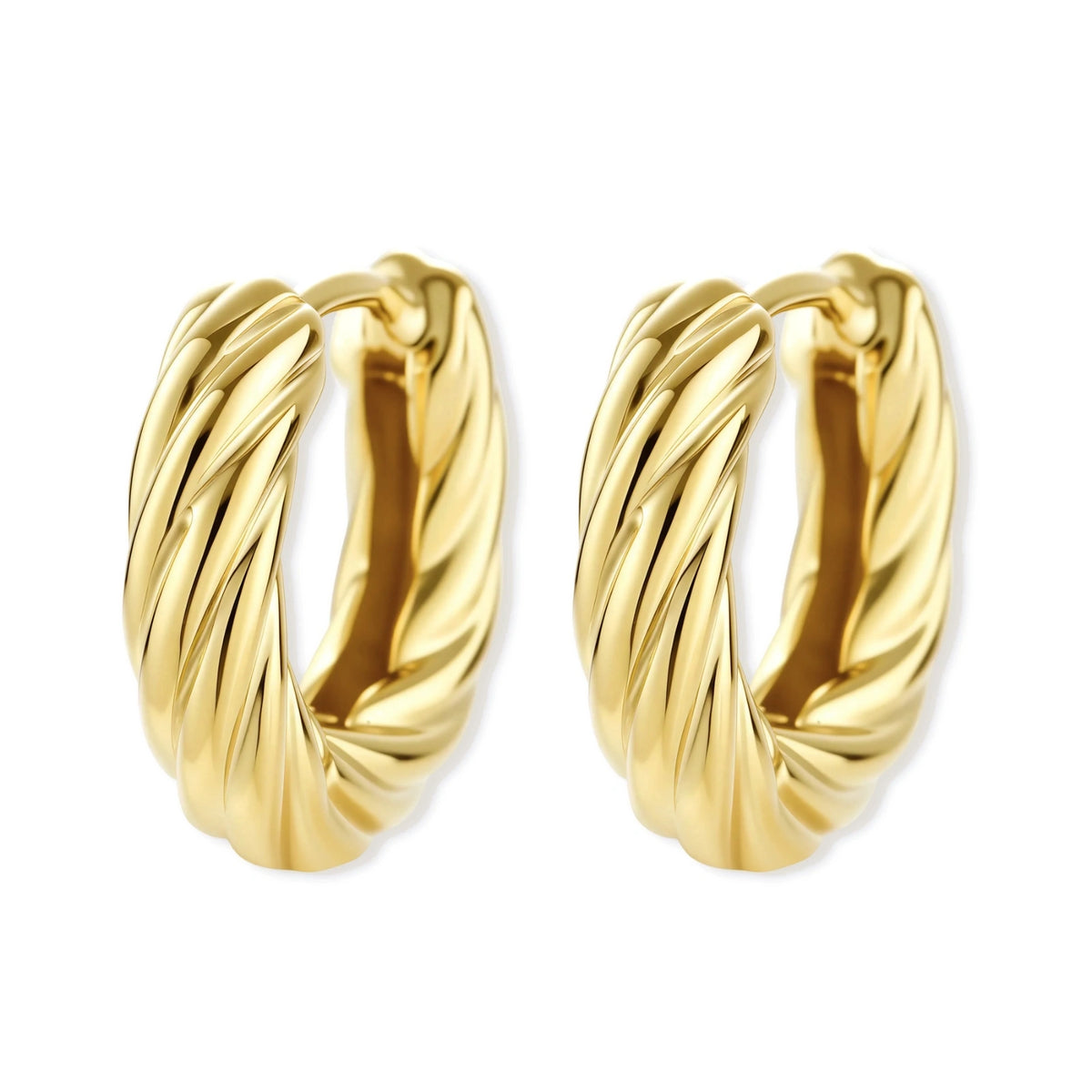 14K gold-plated twisted rope huggie hoop earrings with hinged closure on white background, showing textured surface detail