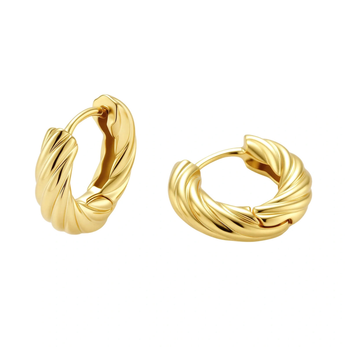 14K gold-plated twisted rope huggie hoop earrings with hinged closure on white background, showing textured surface detail