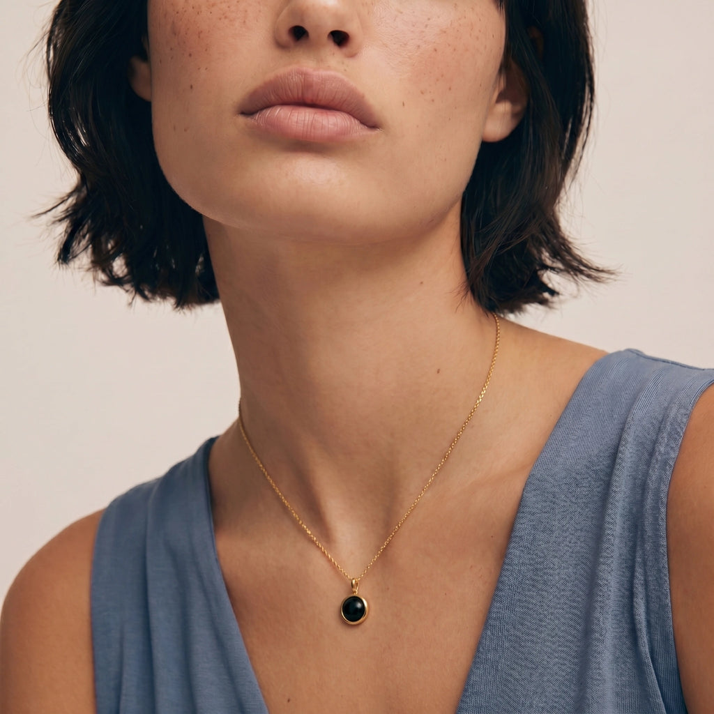 Midnight Agate Circle Necklace | Black Agate Gold Pendant