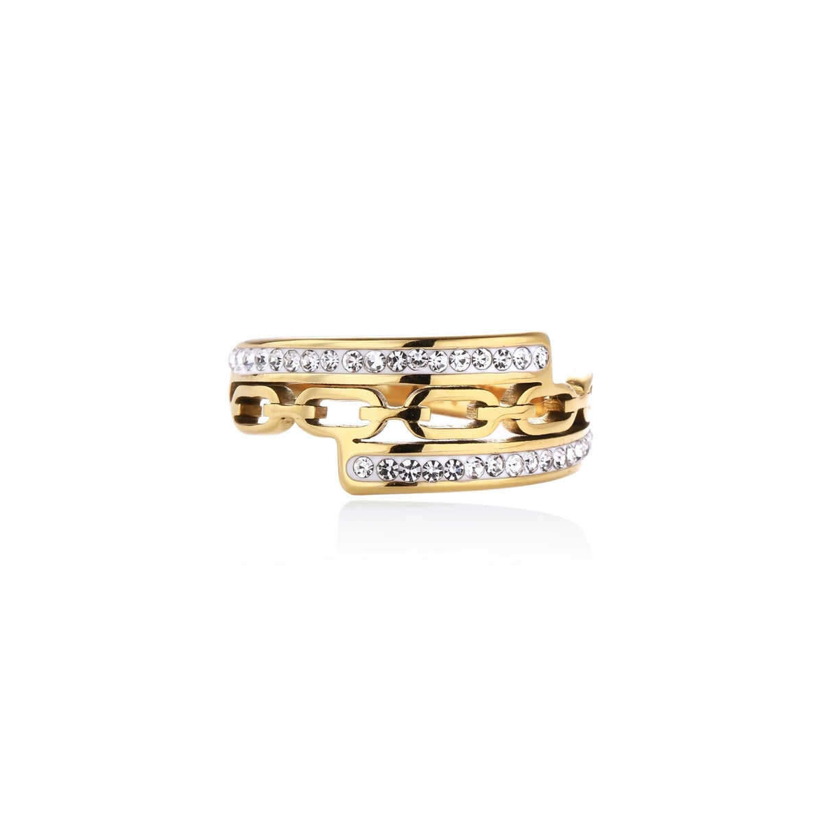 Gold-plated stainless steel ring with geometric chain link design flanked by two rows of clear rhinestones